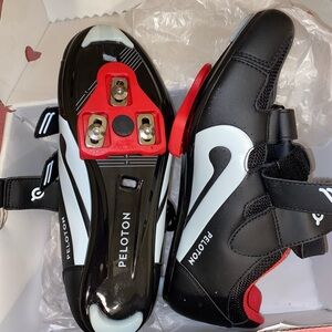 Peloton Black and White Cycling Shoes with Red Details